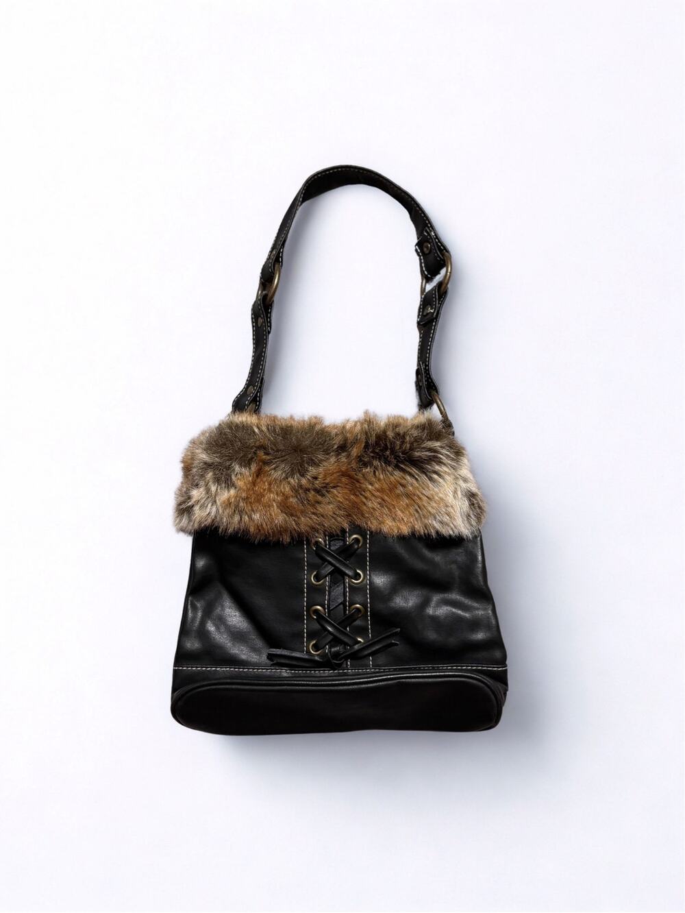 Vtg Y2K Apt 9 Black Faux Fur Trim Leather Purse Lace Up Detail